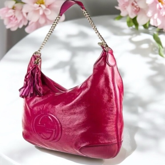 Authentic Gucci Patent Pink Fuchsia Soho Fringe Tassel Chain Tote Bag GORGEOUS! - Picture 15 of 16